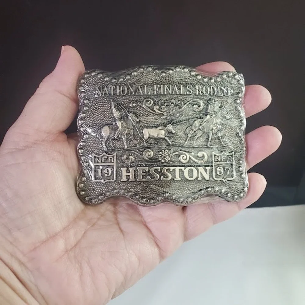 VTG 1987 Hesston National Finals Rodeo NFR Belt Buckle Silver Tone Team Roping